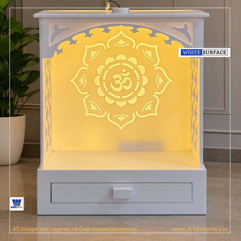 Luxury Solid Surface mandir design by White Surface Studio