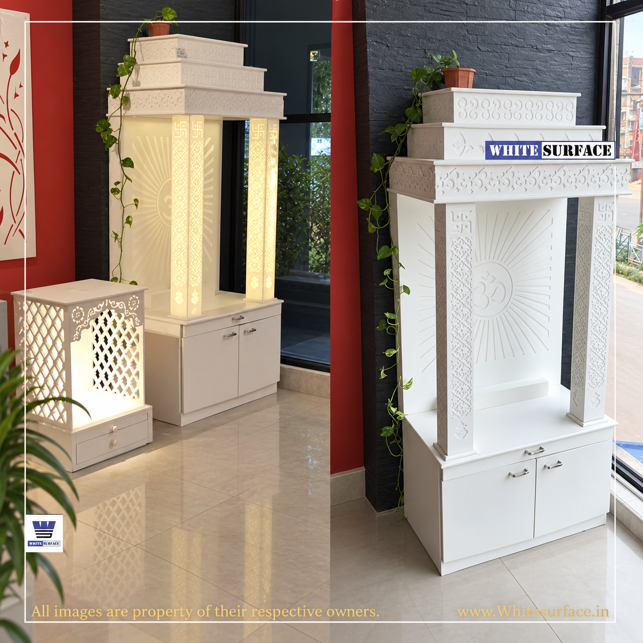 Modern backlit Solid Surface mandir design for home
