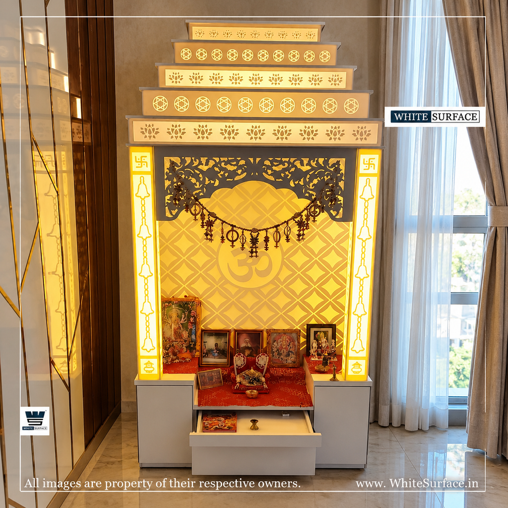 Backlit solid surface Corian home temple design with laser-cut jaali and storage drawers by White Surface Studio.
